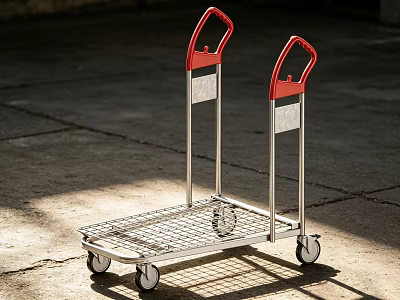 Metal Trolley With Red Handles And Wire Mesh Platform On Concrete Surface 3d model