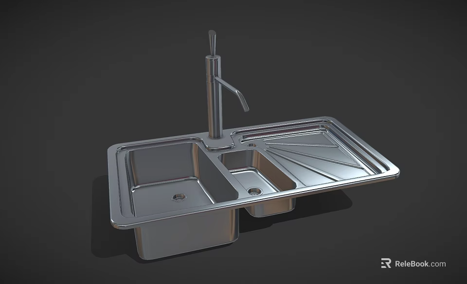 Stainless Steel Double Bowl Kitchen Sink With Faucet And Drainboard 3d model 