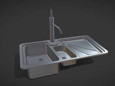Stainless Steel Double Bowl Kitchen Sink With Faucet And Drainboard 3d model