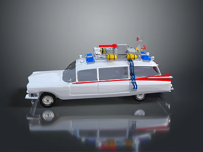White Classic Car With Red Blue Lights Yellow Storage Boxes Ladder and Red Side Stripes 3d model