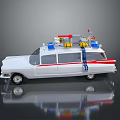 White Classic Car With Red Blue Lights Yellow Storage Boxes Ladder and Red Side Stripes