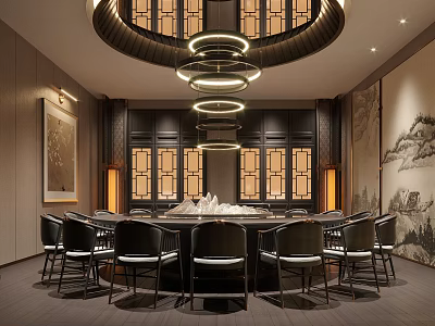 Traditional Chinese Style Private Dining Room With Round Table Chairs And Chandeliers 3d model