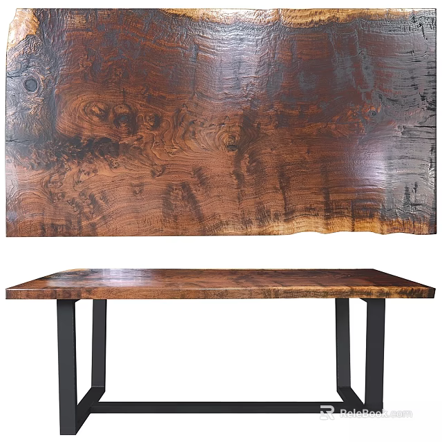 Rustic Natural Wood Dining Table With Live Edge Top And Black Metal Legs 3d model 