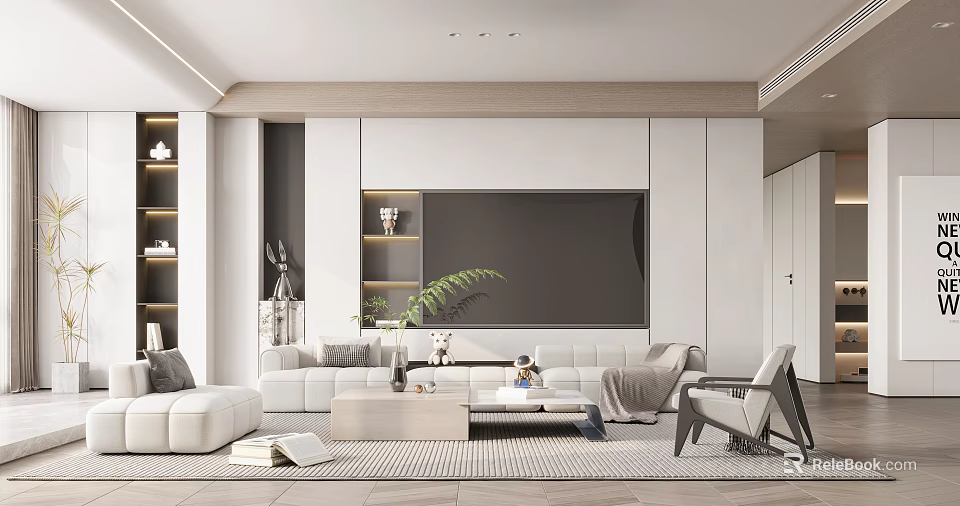 Modern Living Room Interior With White Sofa TV Wall Green Plant Coffee Table And Soft Rug 3d model 