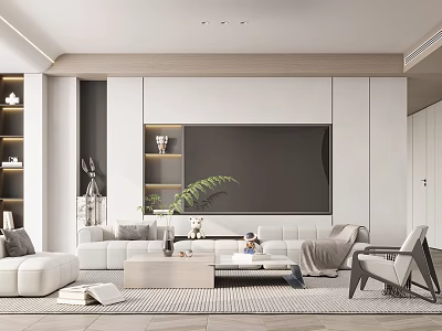 Modern Living Room Interior With White Sofa TV Wall Green Plant Coffee Table And Soft Rug 3d model