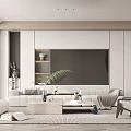 Modern Living Room Interior With White Sofa TV Wall Green Plant Coffee Table And Soft Rug