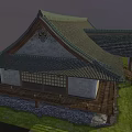 Traditional Japanese House with Sloped Tile Roof Wooden Structure and Green Grass Area
