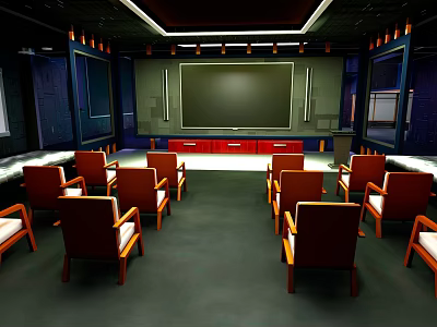 Modern Projection Room Interior With Brown Chairs And Large Screen 3d model