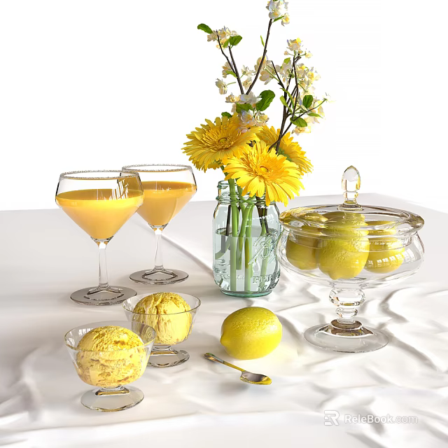Fresh Lemon Flavored Drinks And Ice Cream With Decorative Flowers In Glassware 3d model 
