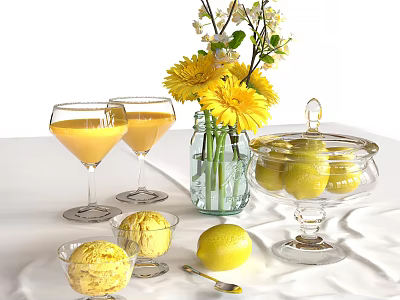 Fresh Lemon Flavored Drinks And Ice Cream With Decorative Flowers In Glassware 3d model