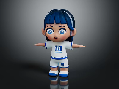 Cute 3D Cartoon Character With Blue Hair White Striped Outfit And Number 10 3d model