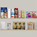 Variety of Food Products Including Canned Drinks Packaged Snacks Flour and Nuts on Wooden Shelves