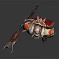 Game Fantasy Warrior Character Wearing Red Silver Armor Holding Flame Axe with Spiked Shoulders