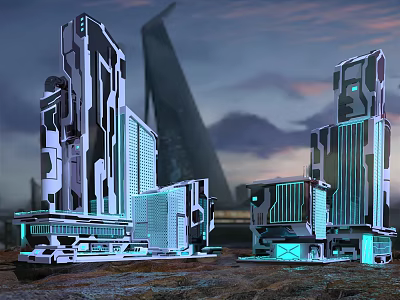 Futuristic Modern Tall Buildings With Illuminated Geometric Structures Under Twilight Sky 3d model
