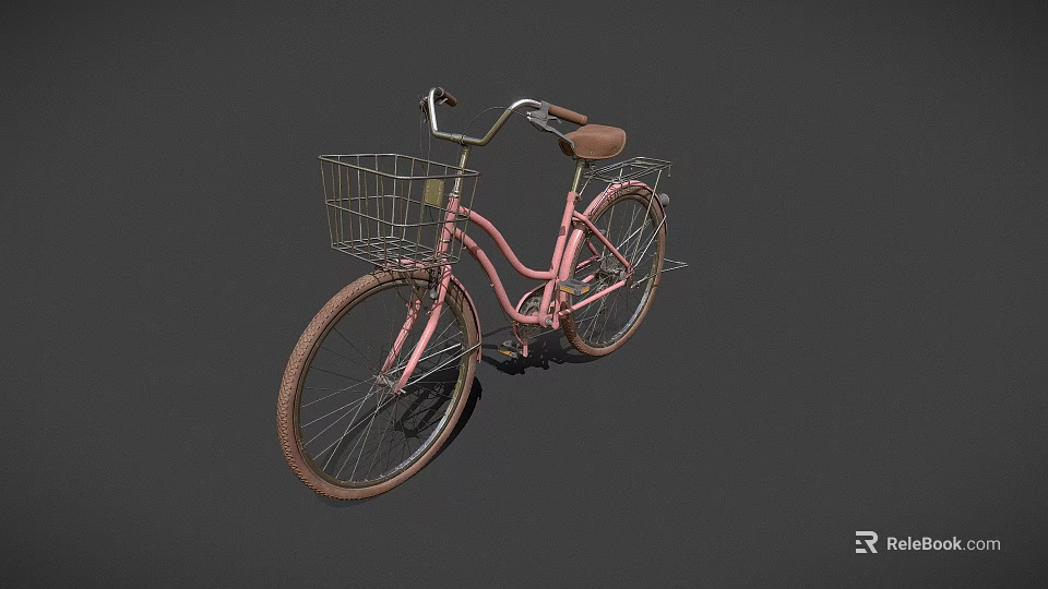 Pink Bicycle With Front Basket And Brown Seat On Black Background 3d model 