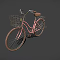 Pink Bicycle With Front Basket And Brown Seat On Black Background