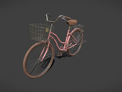 Pink Bicycle With Front Basket And Brown Seat On Black Background 3d model