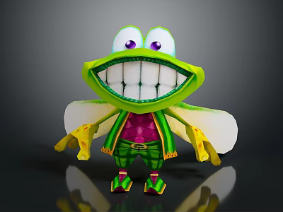 Cartoon Frog Character With Big Eyes Smiling Face Yellow Wings Green Pants And Purple Vest 3d model