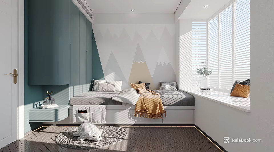 Modern Tatami Bedroom Interior Design With Geometric Wall Art Green Cabinets And Window Blinds 3d model 