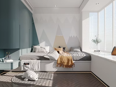 Modern Tatami Bedroom Interior Design With Geometric Wall Art Green Cabinets And Window Blinds 3d model