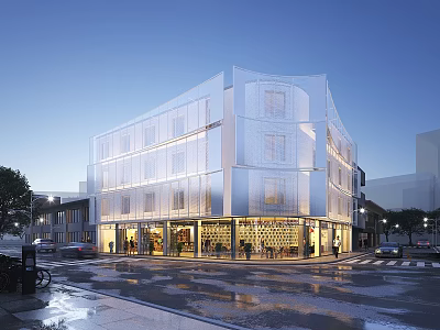 Modern Multi Storey Commercial Complex With Glass Facade Urban Street Evening Lighting And Wet Pavement 3d model
