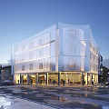 Modern Multi Storey Commercial Complex With Glass Facade Urban Street Evening Lighting And Wet Pavement