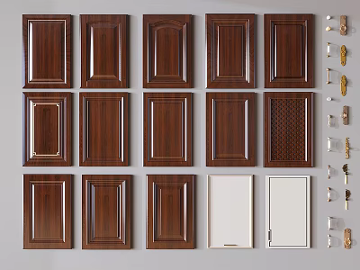 Various Styles of Wooden and White Cabinet Doors with Hardware Accessories 3d model