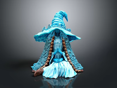 Woman Wearing Blue Wizard Hat With Ornate Cloak Sitting With Clasped Hands 3d model