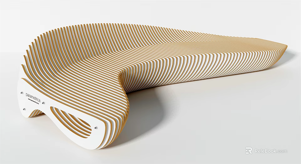 Modern Curved Public Bench With Striped Wooden Design And Sleek White Base 3d model 