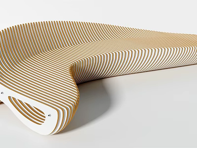 Modern Curved Public Bench With Striped Wooden Design And Sleek White Base 3d model