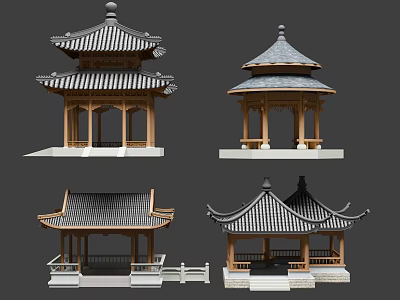 Traditional Chinese Pavilions Design With Diverse Roof Styles Wooden Pillars And Railings 3d model