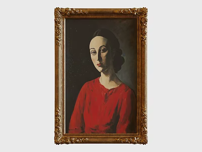 Art Supplies Featuring Framed Oil Painting With Gold Ornate Frame And Red Dress Portrait 3d model