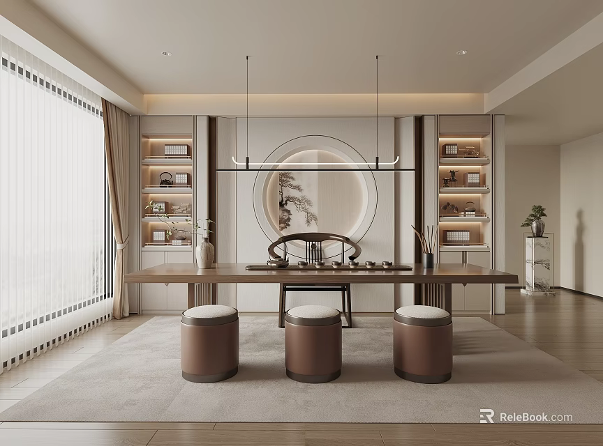 Traditional Tea Room Interior Design With Long Table Round Stools And Circular Mirror 3d model