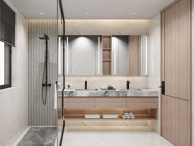 Modern Bathroom Interior Design With Double Sink Vanity Marble Countertop Glass Shower And Large Mirror 3d model