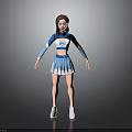 Woman Wearing Blue And White Cheerleader Uniform With Crop Top Skirt And White Shoes