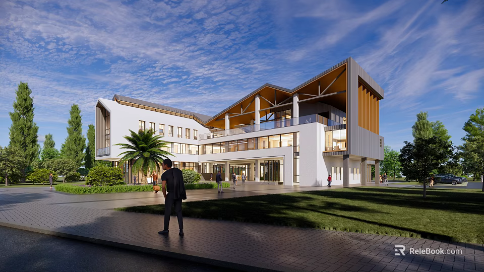 Modern Public Building With White Exterior Wooden Roof Glass Windows Green Lawn And People 3d model 