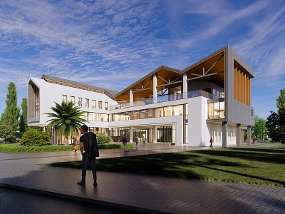 Modern Public Building With White Exterior Wooden Roof Glass Windows Green Lawn And People 3d model