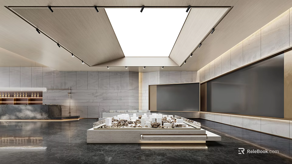 Modern Sales Office Interior With Scale Model Display And Contemporary Lighting Design 3d model 
