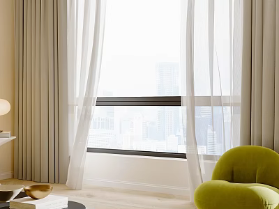 Beige And White Double Layer Curtains In Living Room With Green Chair And City View 3d model