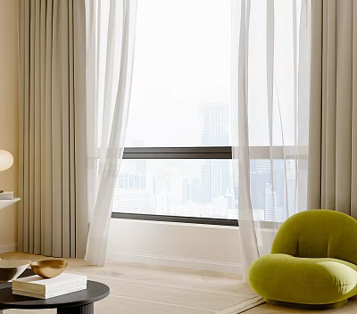 Beige And White Double Layer Curtains In Living Room With Green Chair And City View 3d model