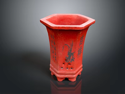 Plant Decorative Red Hexagonal Flower Pot With Patterned Design And Stand Feet 3d model