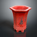 Plant Decorative Red Hexagonal Flower Pot With Patterned Design And Stand Feet 3d model
