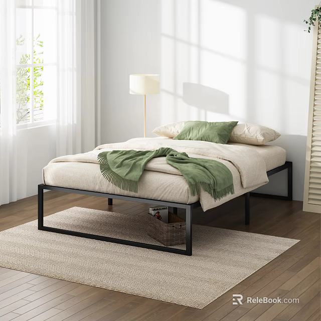 Modern Bedroom Featuring Black Metal Bed Beige Sheets Green Pillows White Curtains And Wooden Floor 3d model 
