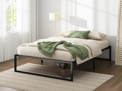 Modern Bedroom Featuring Black Metal Bed Beige Sheets Green Pillows White Curtains And Wooden Floor 3d model