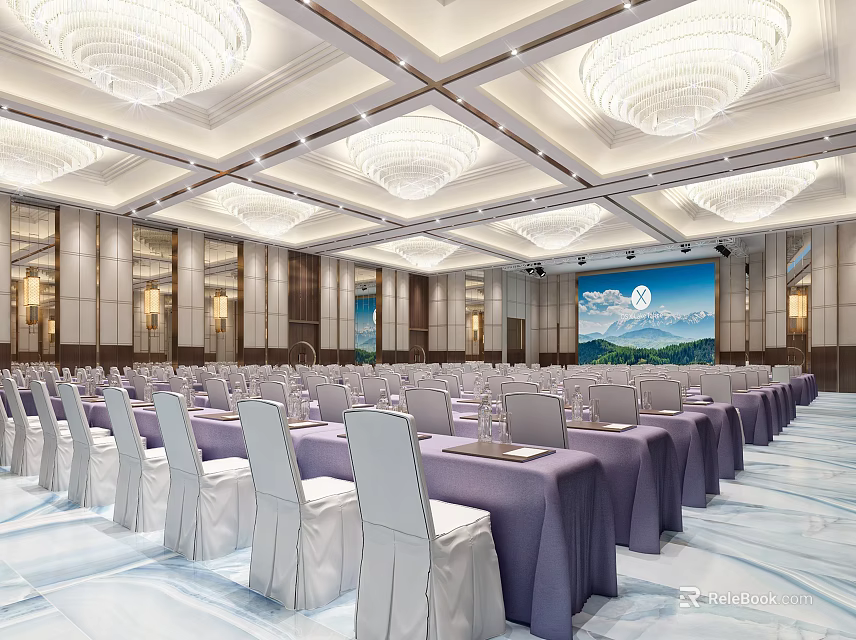 Luxurious Modern Conference Room Interior With Chandeliers Arranged Tables And Projection Screen 3d model 