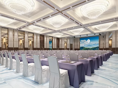 Luxurious Modern Conference Room Interior With Chandeliers Arranged Tables And Projection Screen 3d model