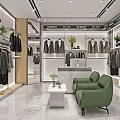 Elegant Clothing Store Interior With Modern Display Racks Suits Green Sofa And Marble Floor 3d model