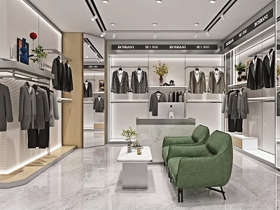 Elegant Clothing Store Interior With Modern Display Racks Suits Green Sofa And Marble Floor 3d model