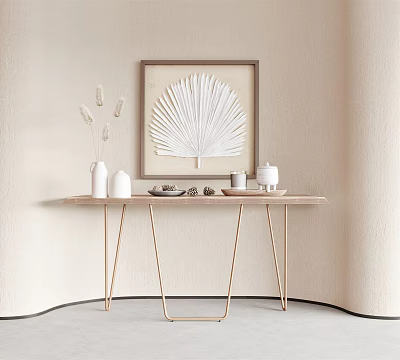 Modern Console Table With Golden Metal Legs Leaf Shaped Wall Art And Decorative Vases 3d model