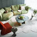 Modern Green Sofa Coffee Table Set with Marble Top Red Accent Chair and Potted Plants